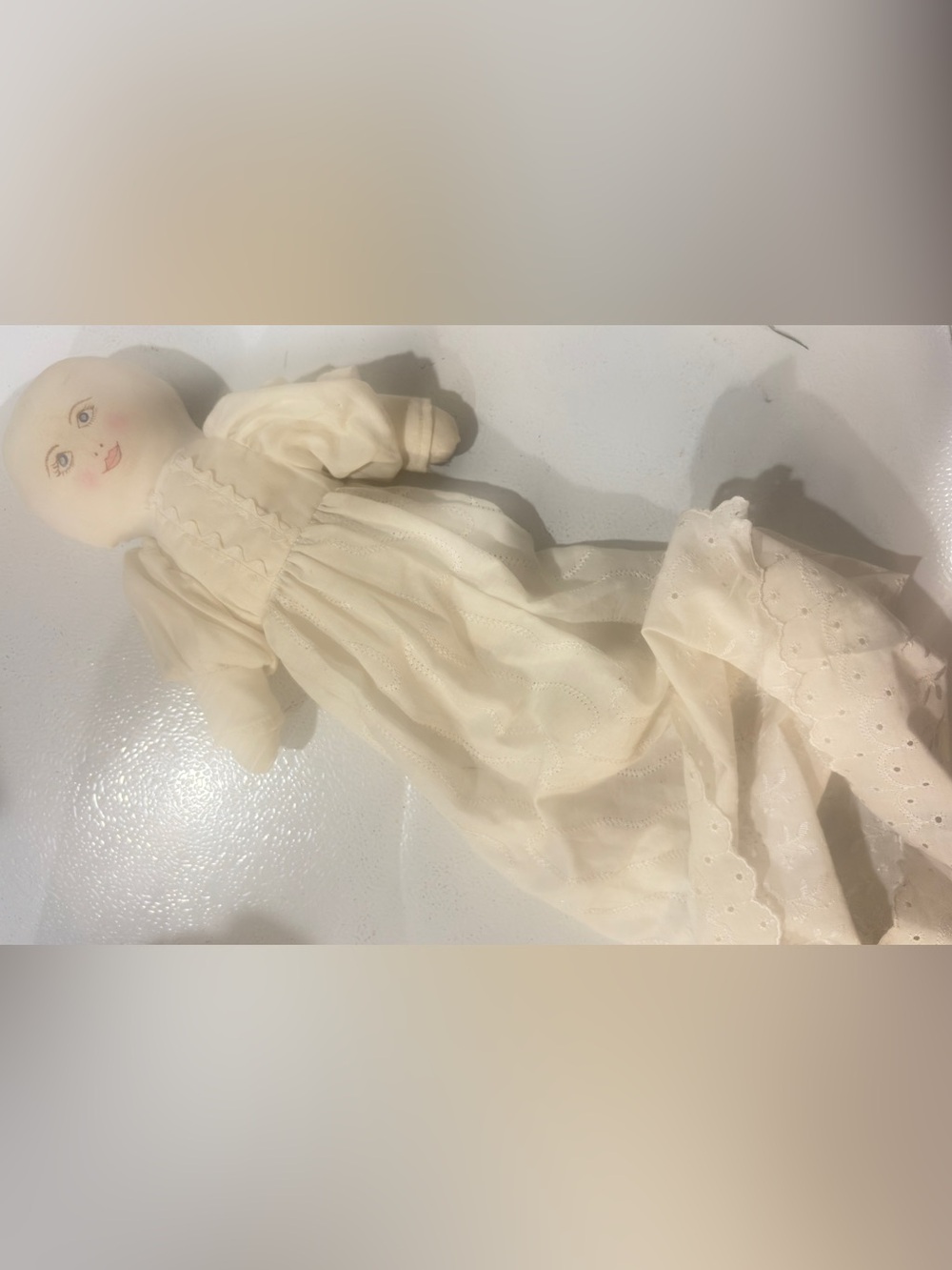 Vintage handmade primitive folk pillowcase doll long white ruffles cloth stuffed